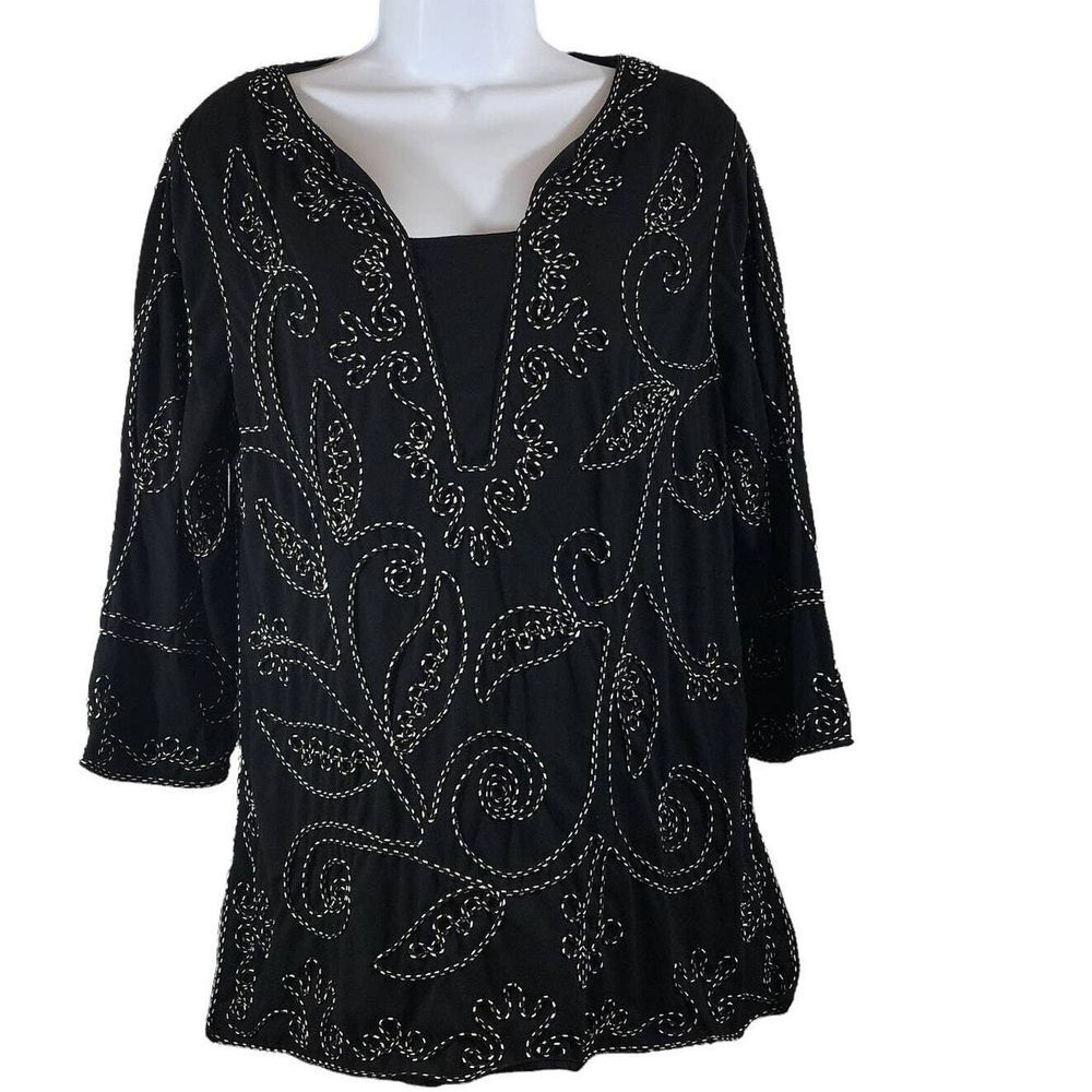 Once Again Black Tunic Top With Metallic Soutache Detail Women's Size‎ L